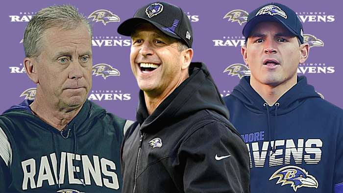 Head coach John Harbaugh (middle), offensive coordinator Todd Monken (left) and defensive coordinator Mike Macdonald (right)